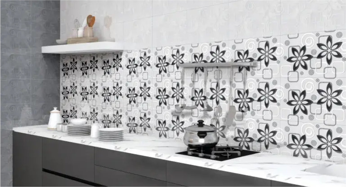 Kitchen backsplash featuring Silver Armani Petals wall tiles with glossy finish and subtle floral pattern, adding elegance and brightness to modern kitchen interiors.