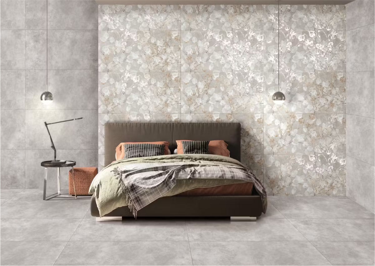 Bedroom interior featuring Autumn Petals Art Beige wall tiles with soft floral design and matte texture, creating a warm and elegant feature wall for cozy bedroom décor.