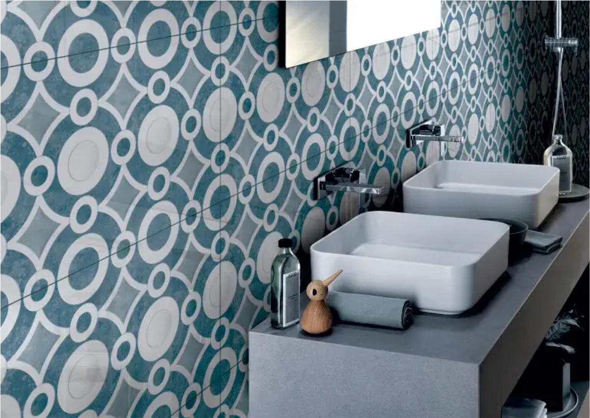 Bathroom interior featuring Geometric Aqua HL wall tiles with glossy finish and aqua blue pattern, adding a refreshing and contemporary look to modern bathroom walls.