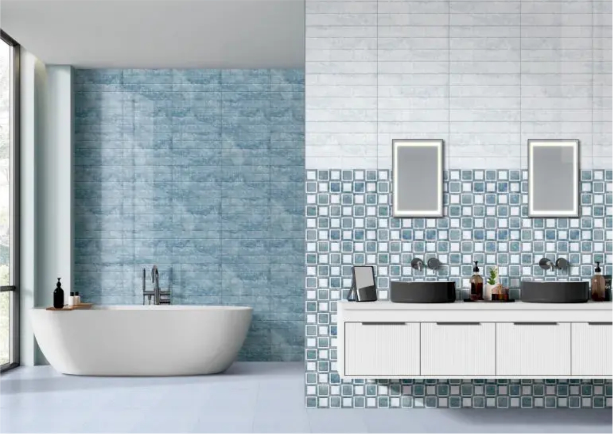  Bathroom interior featuring Blue Leaves Scales wall tiles with a textured leaf pattern and glossy finish, creating a refreshing and stylish wall design for modern bathrooms.