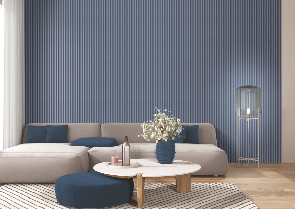 Living room interior featuring Navy Blue Matte Bamboo Flutes Subway wall tiles, creating a bold and elegant accent wall with vertical fluted texture and modern matte finish.

