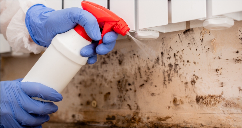 Person in protective gloves spraying mold cleaner on a mold-infested wall.