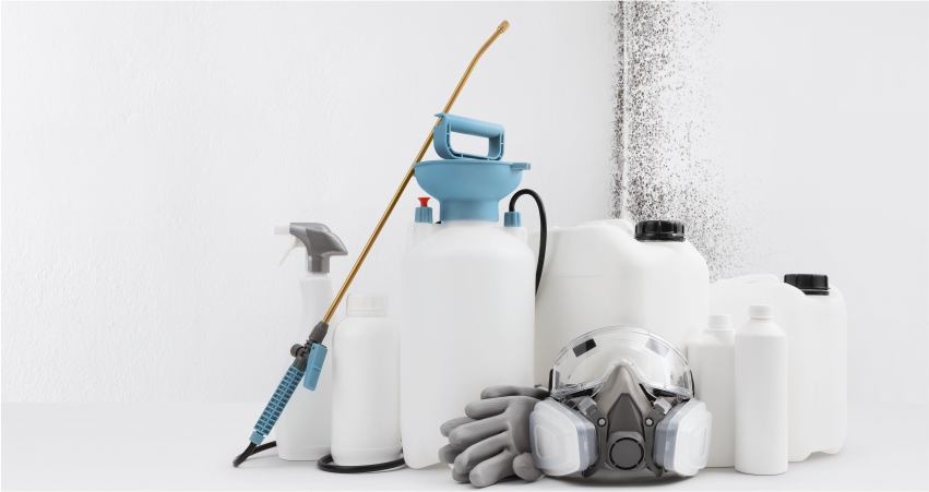 Assorted pest control equipment and chemicals with a protective mask against a white background.