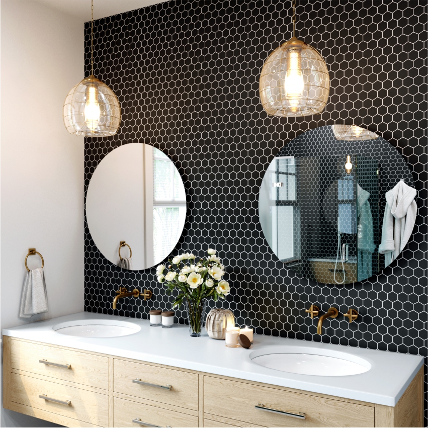 A bathroom with black hexagon tile and wooden fixtures.