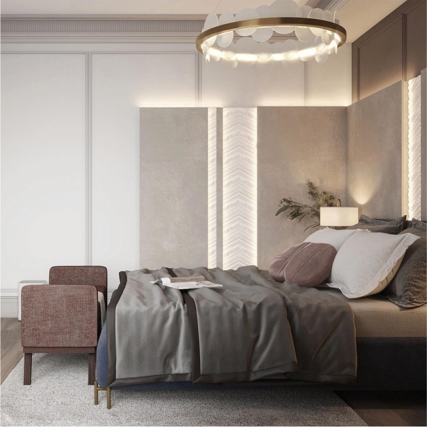 3d rendering of a modern bedroom with a bed and a lamp.