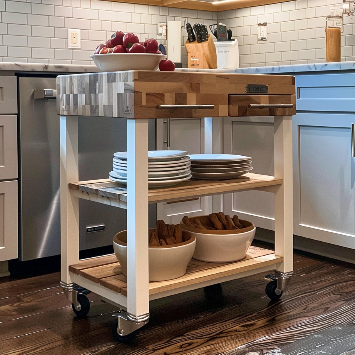 Rolling kitchen cart with shelves and butcher block top, a portable kitchen island on wheels for extra storage and prep space. 