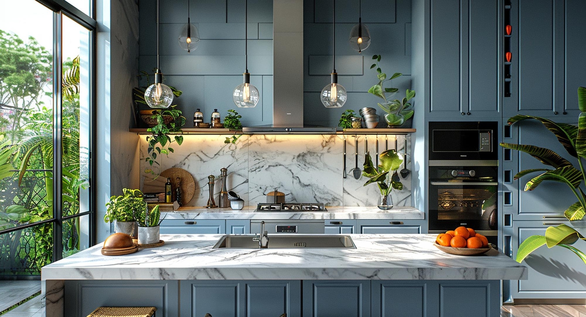 Contemporary kitchen with minimalist blue cabinets, white worktop, and silver sink, highlighting modern kitchen design trends. 
