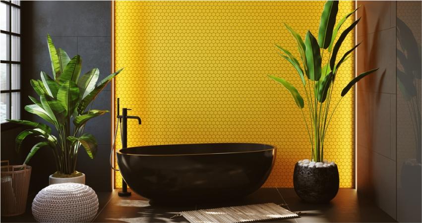 Butter yellow honeycomb pattern tile in the bathroom