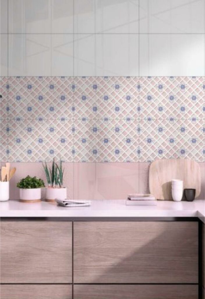 kitchen pink tiles and l shaped platform
