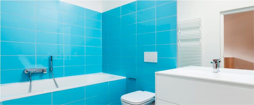 bathroom with blue wall tiles