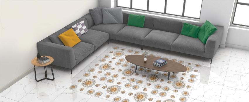 Lshape sofa with white floor tile