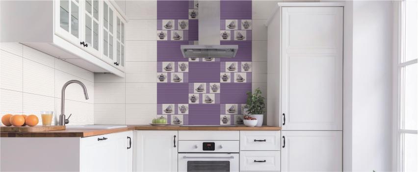 white kitchen tiles with purple tiles
