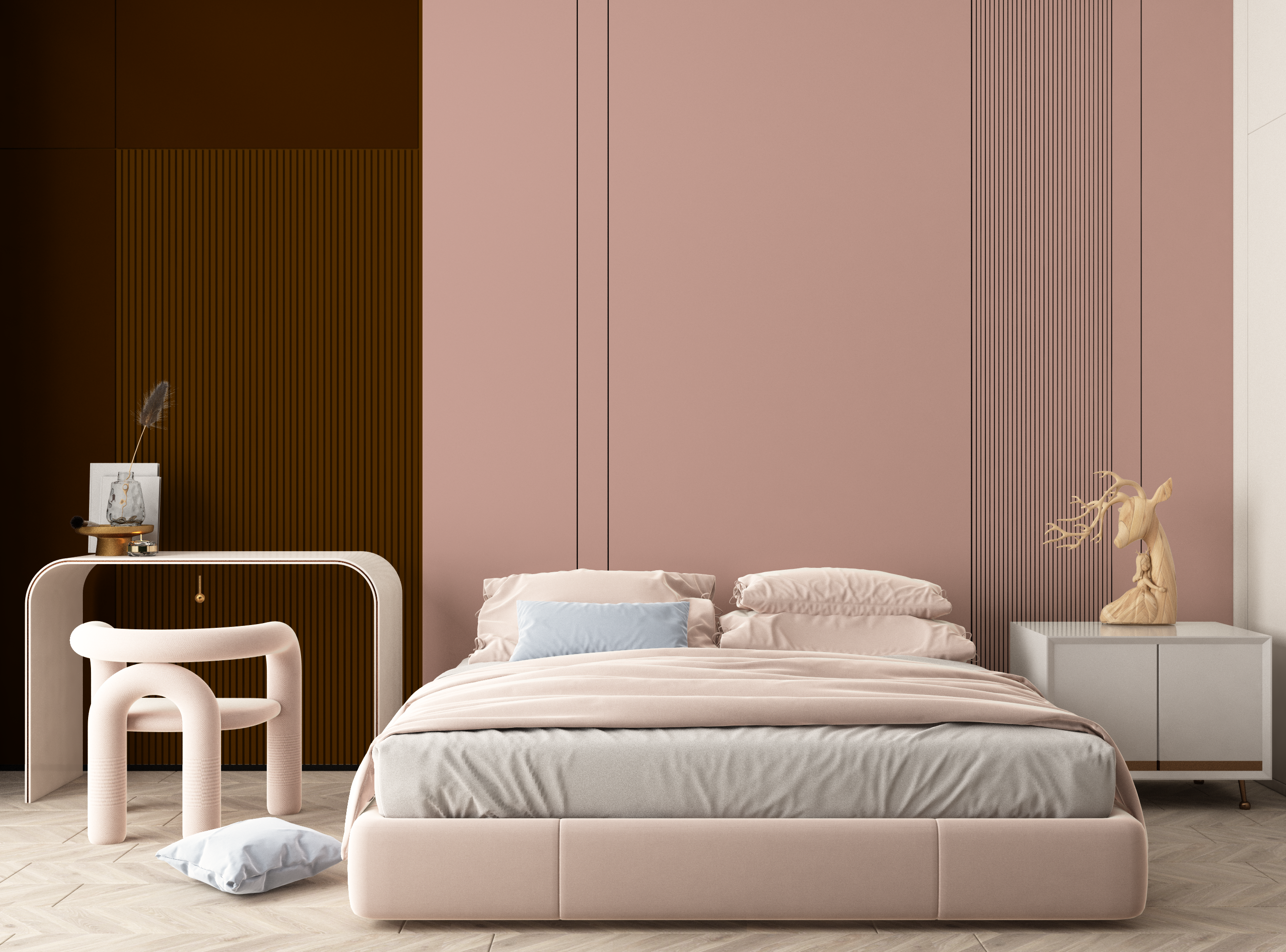 Pink and Brown two colour combination bedroom wall