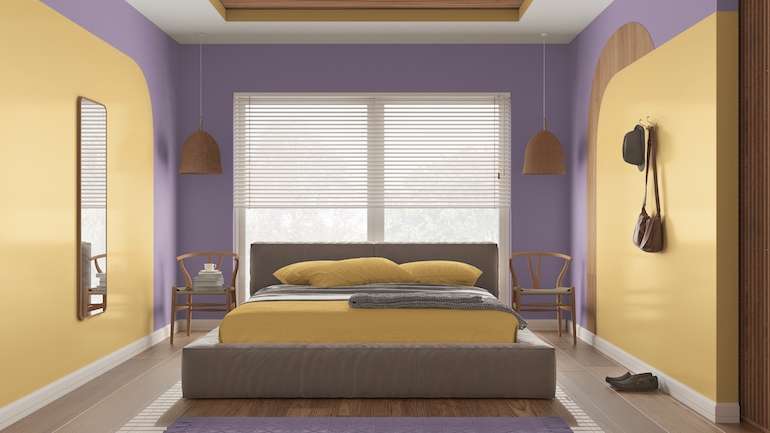Purple and Yellow Colour Combination for bedroom walls