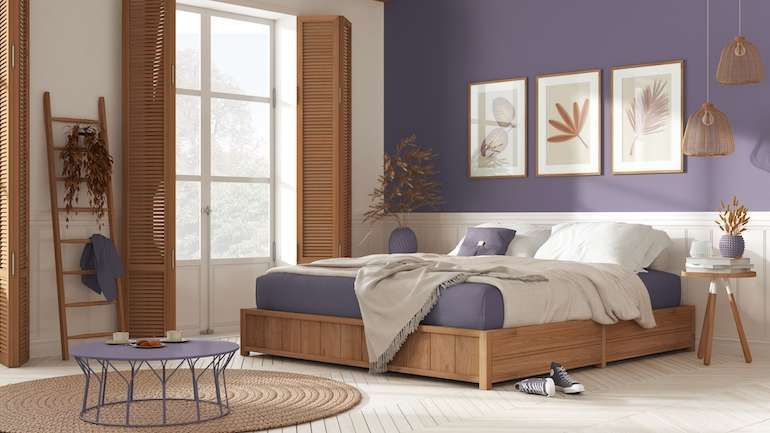 Violet and white colour combination for bedroom walls