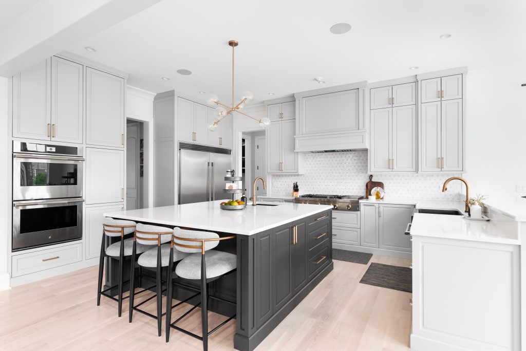 grey, gold and white kitchen design