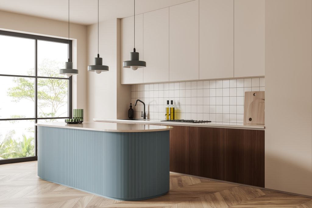 open kitchen design with hanging lights
