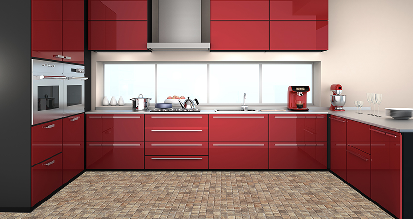 Red colour kitchen cabinet idea
