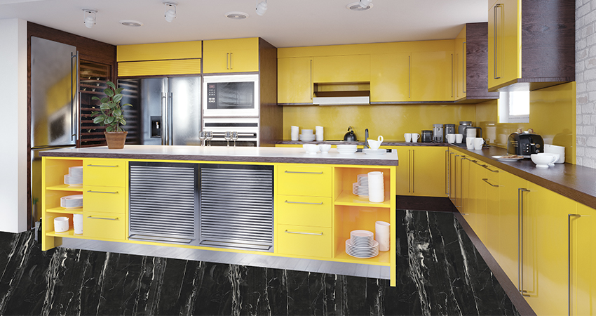 Yellow colour kitchen cabinet