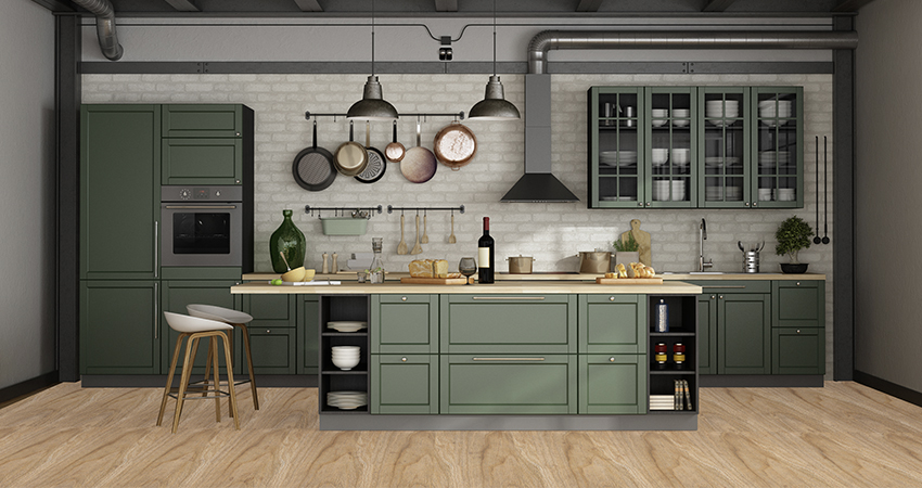 Green colour kitchen cabinet
