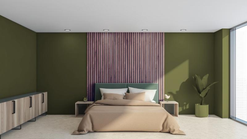 Olive Green and Rusty Pink colour combination for bedroom wall
