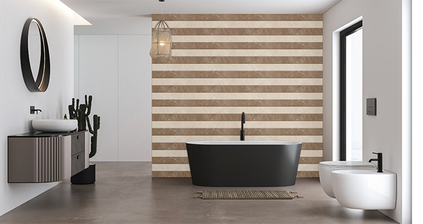 A bathroom with a beige and brown striped wall.