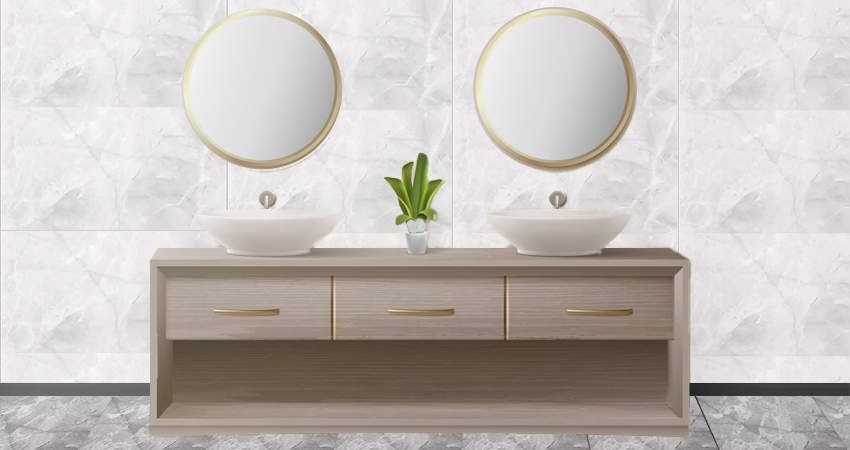 A bathroom vanity with two mirrors and a vase.