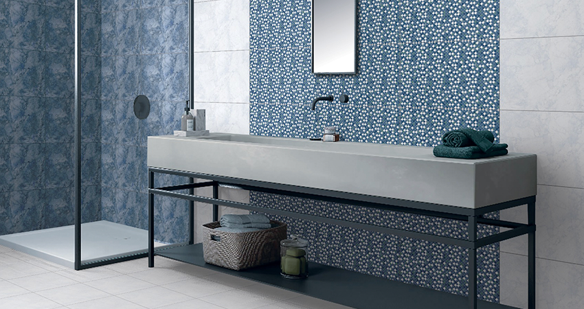 A bathroom with blue and white tiled walls.