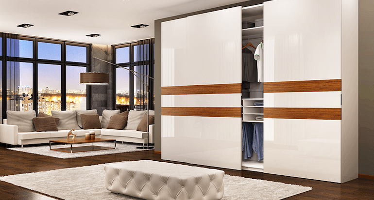 A white and brown sliding door cupboard.