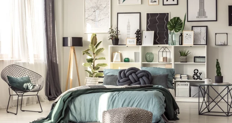 bedroom bed back design with shelves