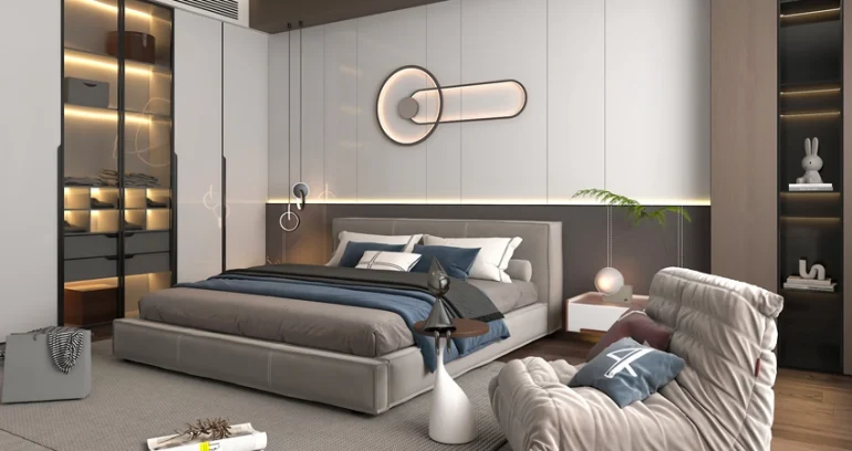 bedroom bed back wall design with lights