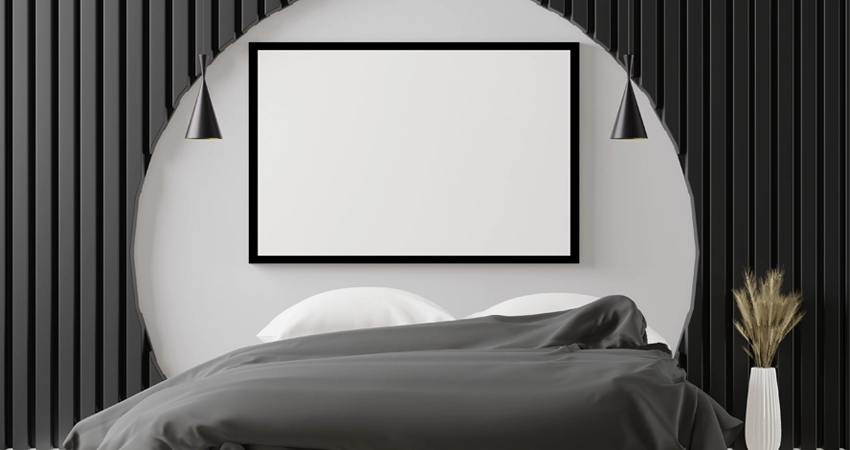 modern bedroom bed back wall design with cut-out frame
