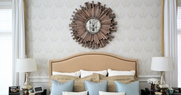 modern bedroom bed back with statement wall art