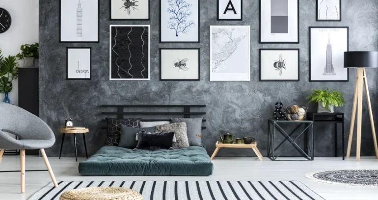 Wall art and paintings on back wall 
