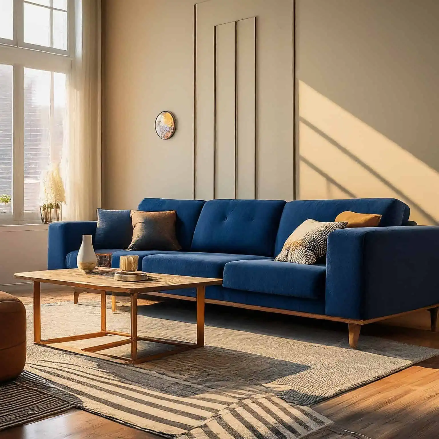 Dark Blue Sofa with Cream Walls 