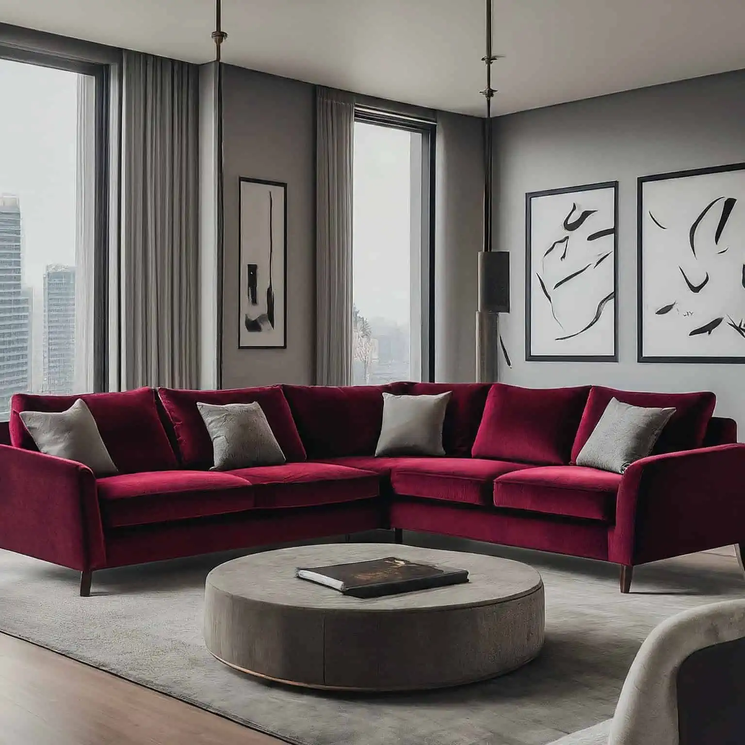 Maroon Couch and Grey Walls Colour Combination 