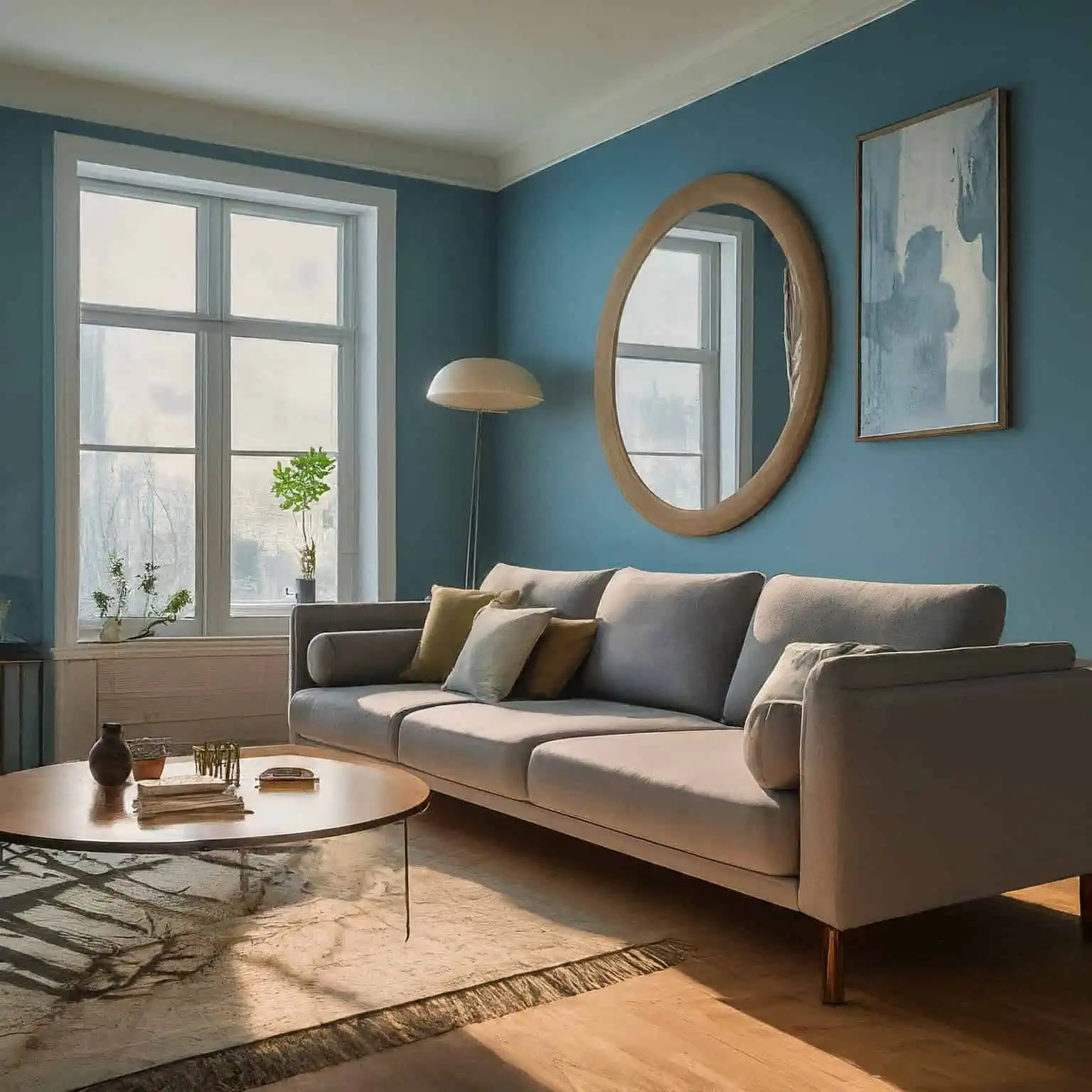 Dusty Blue Walls with Grey Couch 
