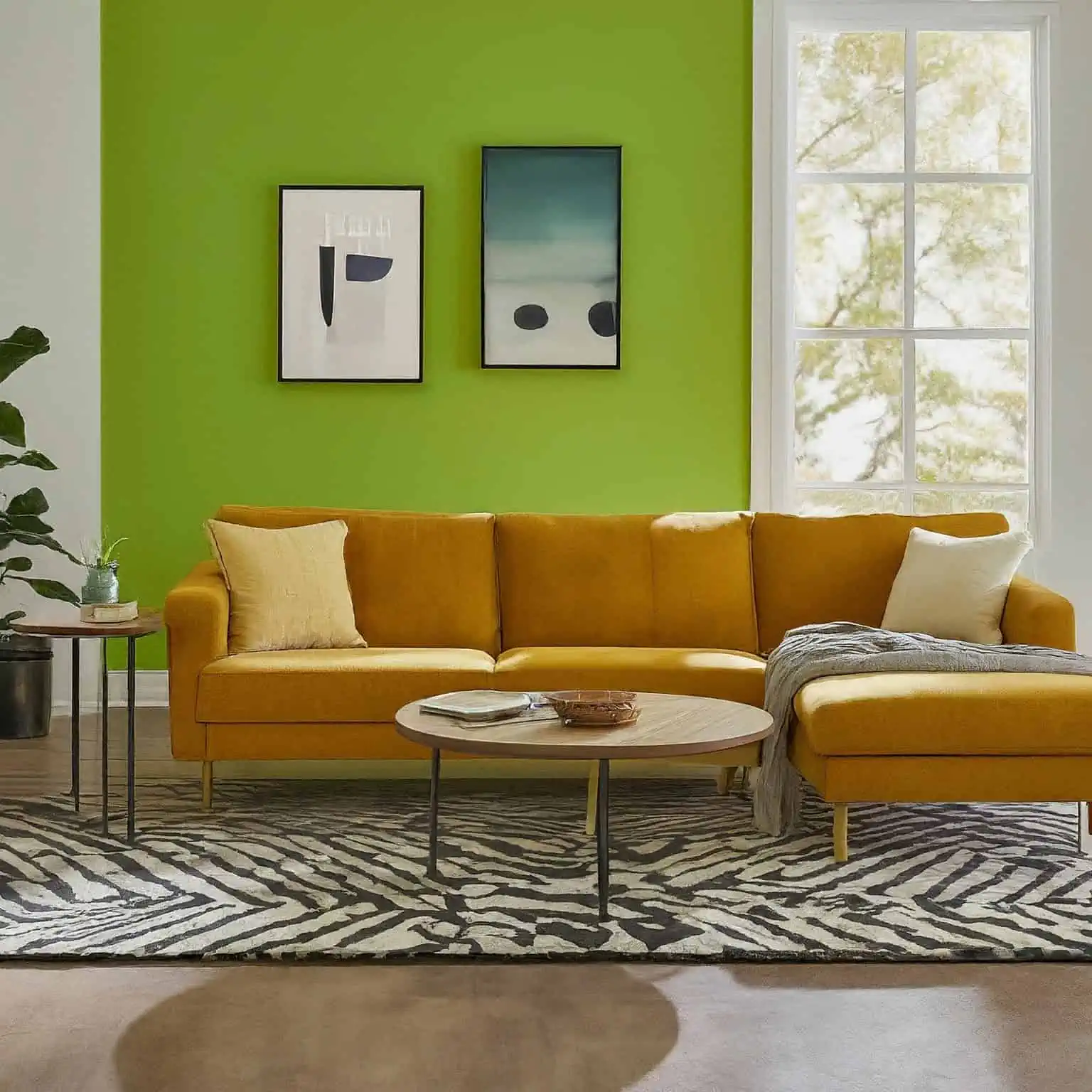 Mustard Sofa and Lime Green Wall 