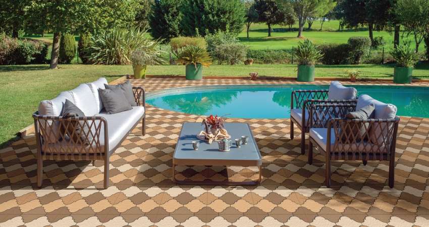 beige multi colour swimming pool tile with sitting arrangement