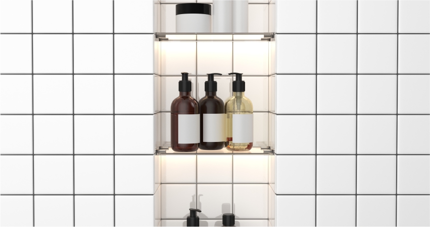 Shower niche with white square tiles