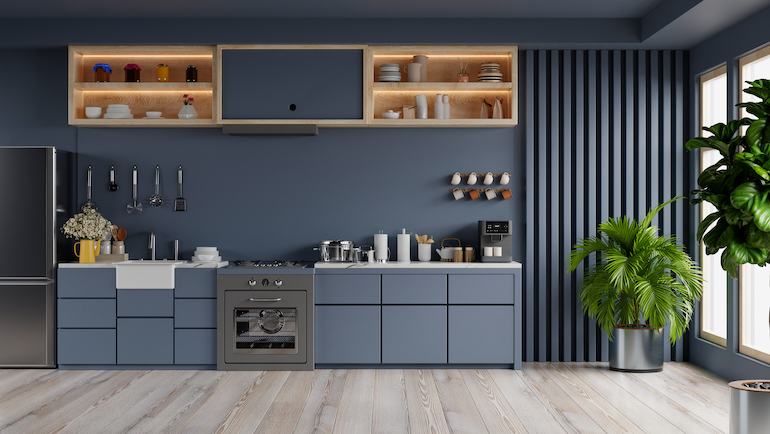 Dark Blue and Wooden Kitchen Combination