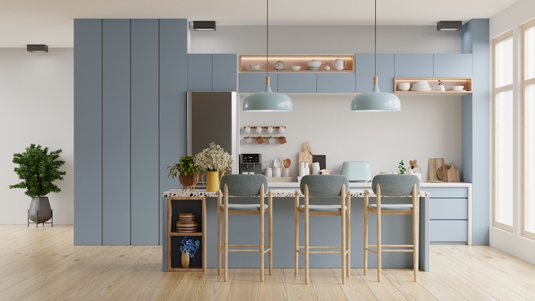 Dusty Blue and White Colour Combination in Kitchen