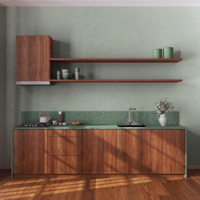 Sage green and wood colour combination in the Kitchen