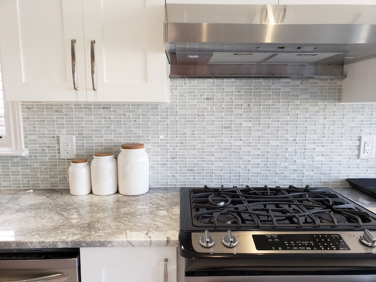 White and Grey Tiles in Kitchen