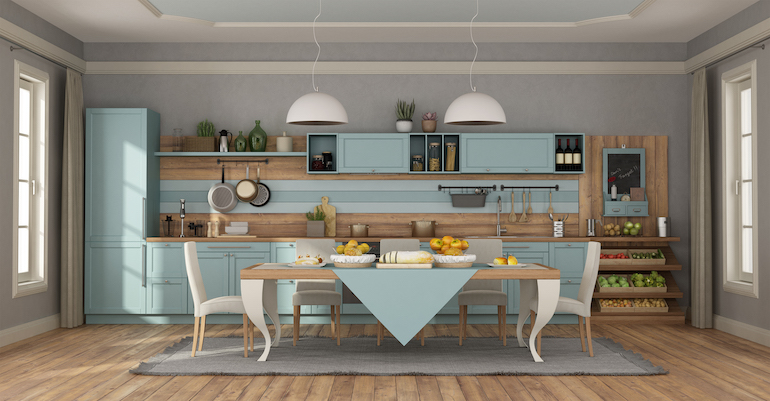 Clear blue kitchen with wooden combination