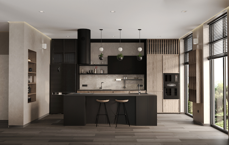 Black, Beige and Wood Colour Combination in Kitchen