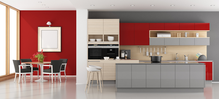 Red and grey modular kitchen color combination