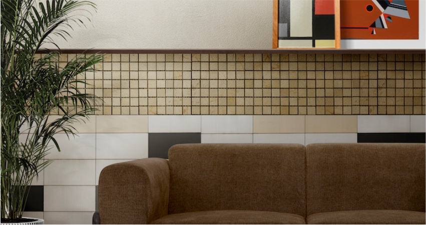 Mix and match half wall tile design idea for living room