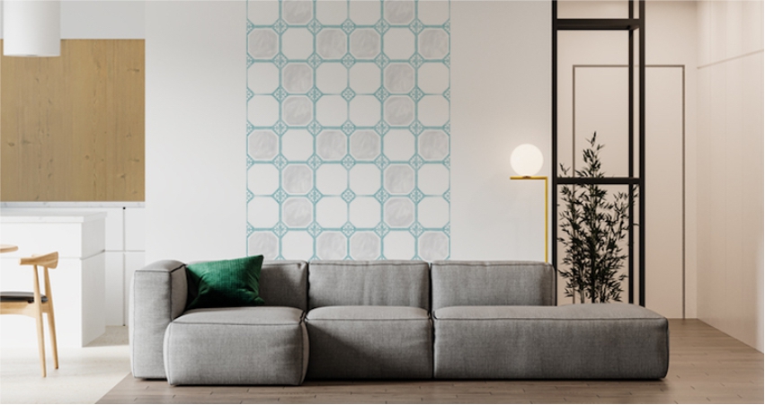 Minimal Geometric Design half wall tile design idea for living room