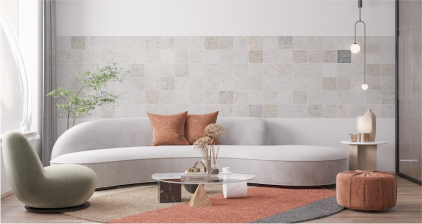 monochrome half wall tile design idea for living room
